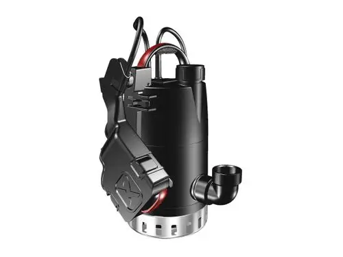 Schwarze Tauchmotorpumpe mit seitlichem Auslass und Anschlussleitungen, hergestellt von Grundfos, zur Kellerentwässerung geeignet.